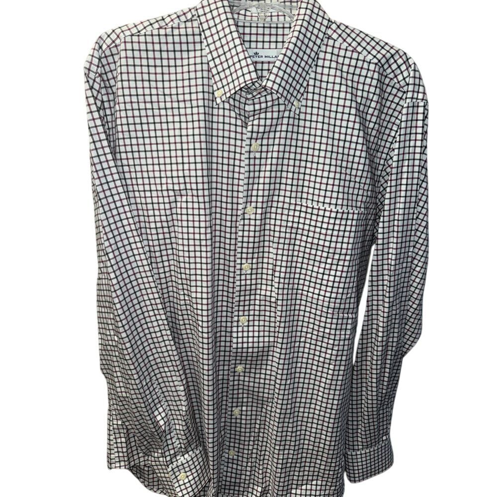Peter Millar Crown Shirt Mens large Red Black White  Plaid Button Cotton Spandex